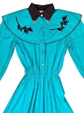 Honky Tonk Girl Turquoise Black Floral Full Skirt Western Line Dancing Dress